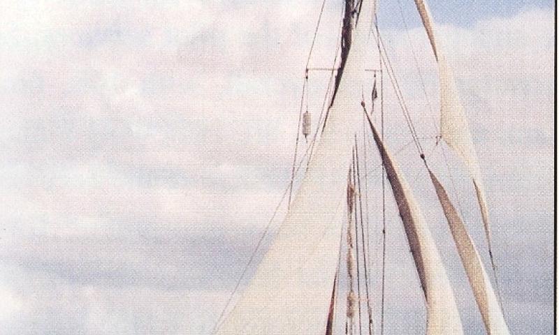 ALPHA - off west coast of Skye, 1996. Starboard side amidships, under sail.