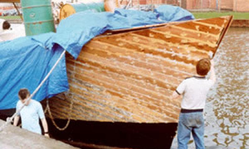 MORNING WINGS - repairs to bow in1992. Bow from starboard quarter looking aft.
