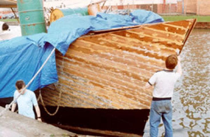 MORNING WINGS - repairs to bow in1992. Bow from starboard quarter looking aft.