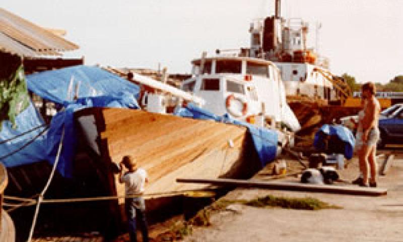 MORNING WINGS - repairs to bow in 1992. Bow from port side looking aft.