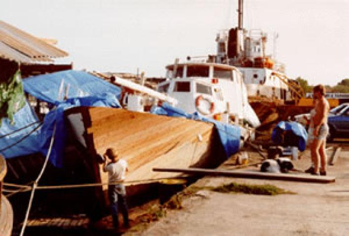 MORNING WINGS - repairs to bow in 1992. Bow from port side looking aft.