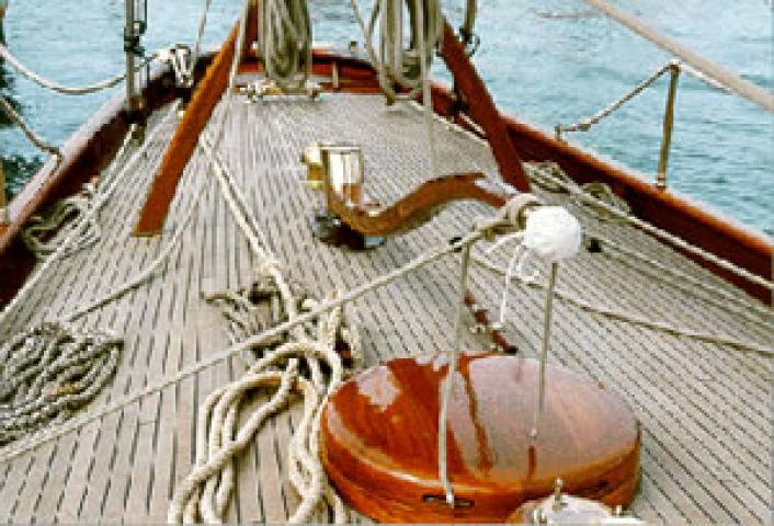 PARTRIDGE - aft deck with steering tiller, looking aft.