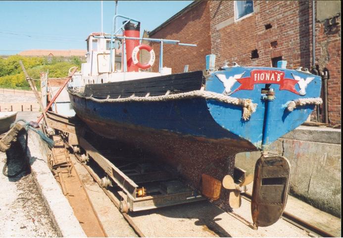 FIONA B - hauled out at North Shields. Stern from port quarter looking forward.