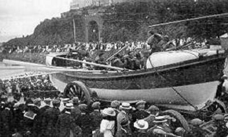 RYDER - demonstatrion launch, possibly RYDER's last in July 1930.  On carriage with crew on board. Stern from port quarter looking forward.