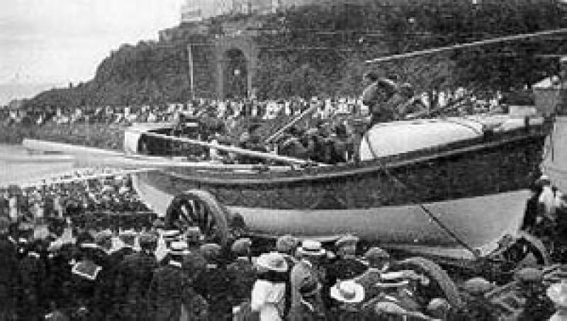 RYDER - demonstatrion launch, possibly RYDER's last in July 1930.  On carriage with crew on board. Stern from port quarter looking forward.