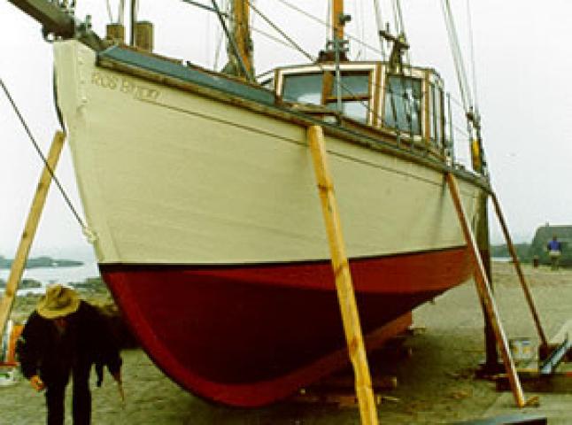 ROS BHAN - hauled out for repainting. Stern from port quarter looking aft.