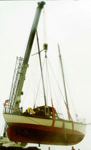 ROS BHAN - being lifted in. Starboard side and underside.