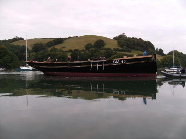 Pilgrim - relaunched on 30 Aug 2011 leaving dry dock and towed to a mooring at the mouth of Old Mill Creek on the river Dart (above Dartmouth).