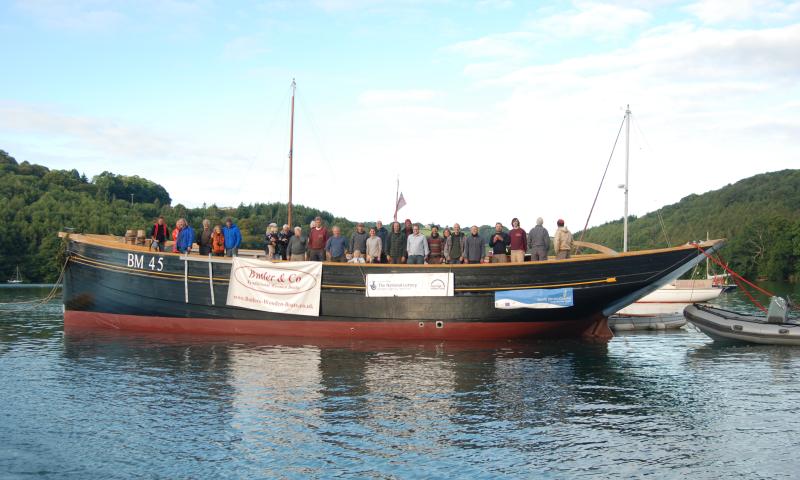 Pilgrim -  relaunched on 30 Aug 2011 leaving dry dock and towed to a mooring at the mouth of Old Mill Creek on the river Dart (above Dartmouth).