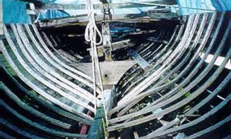 MARY GORDON - internal planking and frames looking aft.