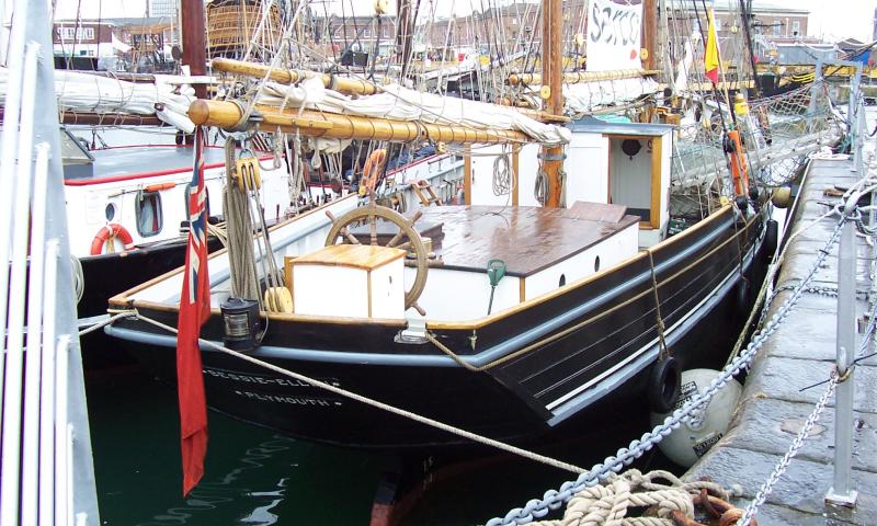 BESSIE ELLEN - main deck with masts and sails looking forward.