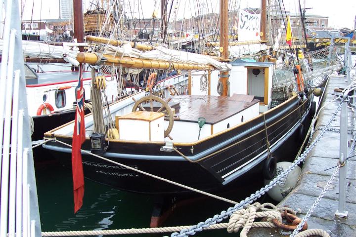 BESSIE ELLEN - main deck with masts and sails looking forward.