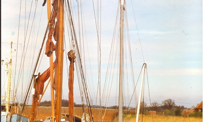 Ethel Ada - at Snape Maltings with Dutch barge alongside. Bow looking aft.