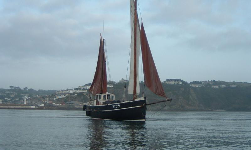 Ibis sailing from Mevagissy, starboard side