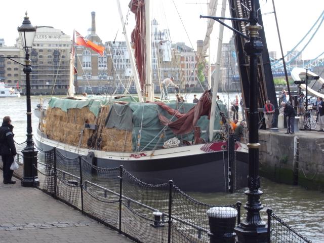 Dawn - loaded with hay, St Katherine Docks, for BBC programme 'Lost Routes of Britain' series