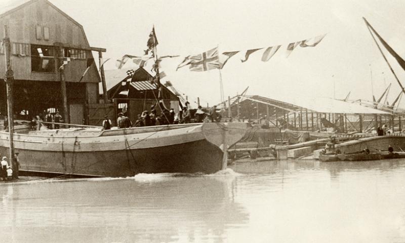 1920 - launch of Sailing Barge Raybel - Milton Creek, Kent