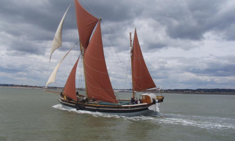 Cambria - sailing in 81st Thames barge race, with all sails set.
