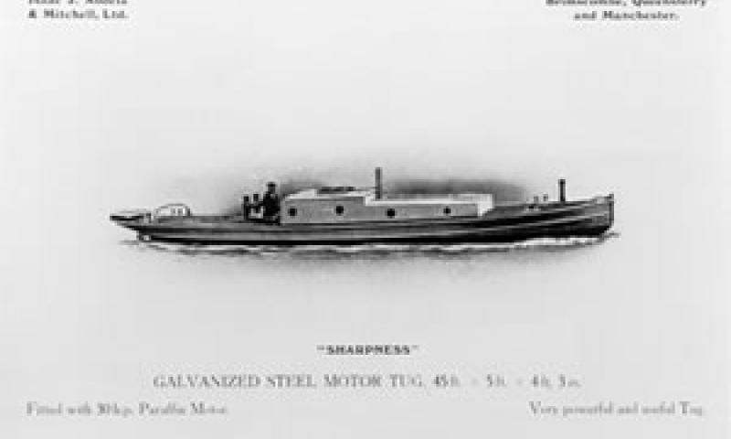SHARPNESS - contemporary advert for tug, showing original cabin, starboard side.