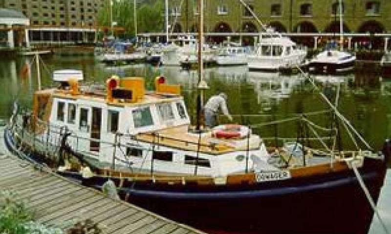 DOWAGER - in St Katherine's Dock, London. Starboard bow looking aft.