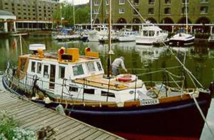 DOWAGER - in St Katherine's Dock, London. Starboard bow looking aft.