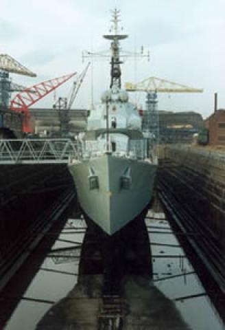 CAVALIER - in dry dock at the Hawthorn Leslie Yard. Bow looking aft. Ref: 95/11/1/28