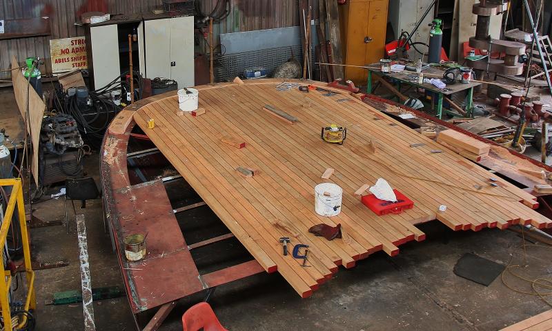 Medway Queen - pre-fabrication of the counter in the workshop inc laying of deck timber