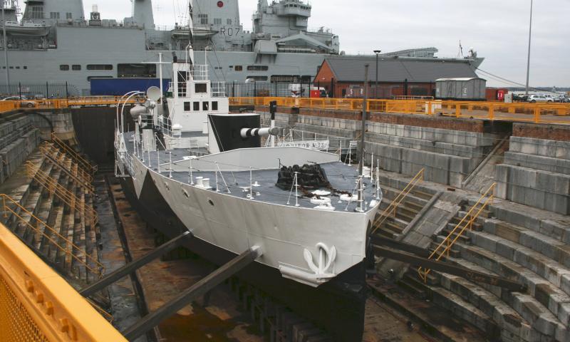 Minerva in dry dock - bow view