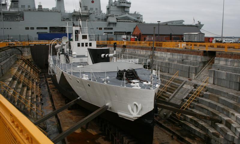 Minerva in dry dock - starboard bow