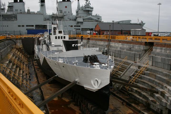 Minerva in dry dock - starboard bow