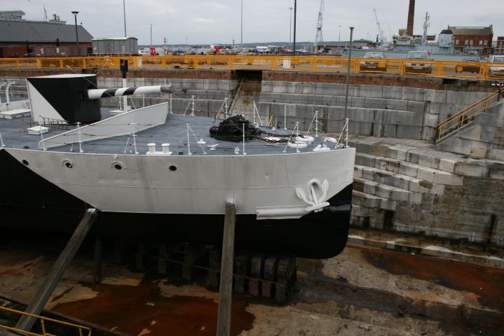 Minerva in dry dock - starboard bow