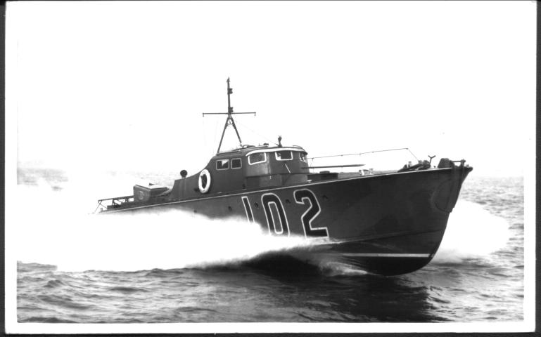 MTB102 late 1937 with bow firing torpedo and stern launching rail at high speed.