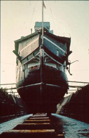 UNICORN - in dry dock. Bow looking aft.