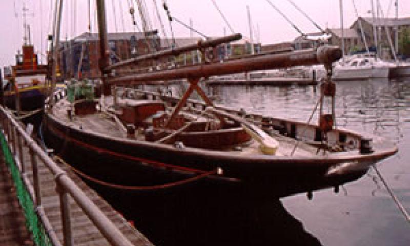 OLGA - alongside pontoon at Swansea. Stern from port quarter looking forward.