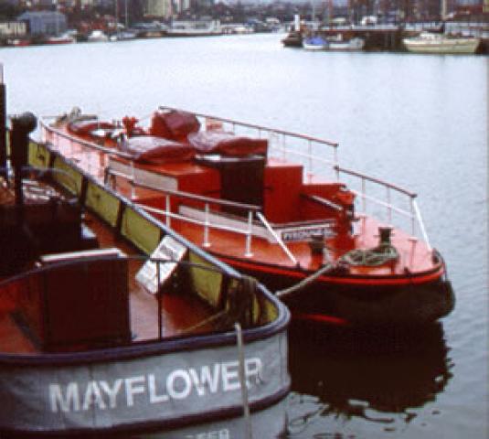 PYRONAUT - berthed alongside MAYFLOWER at Bristol City Docks. Stern looking forward from port.