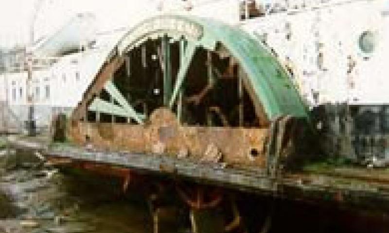 RYDE QUEEN - starboard side amidships showing corrosion holes ansd some plate repairs at waterline