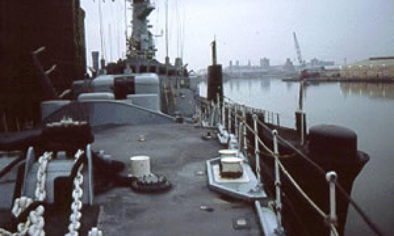 HMS PLYMOUTH - with ONYX alongside. Main deck looking aft.