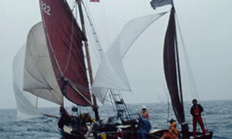 DUSMARIE - under sail in Tall Ships Race in 1980. Stern from port quarter looking forward.