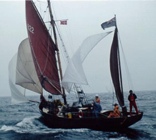 DUSMARIE - under sail in Tall Ships Race in 1980. Stern from port quarter looking forward.