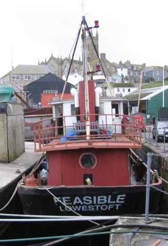 Feasible's stern looking forwards - moored at Penzance