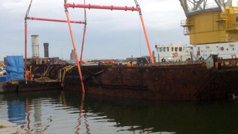 LCT Landfall being raised, Oct 2014