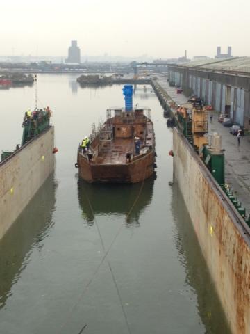 LCT Landfall after being raised, Birkenhead docks, Oct 2014 1