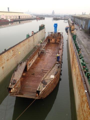 LCT Landfall after being raised, Birkenhead docks, Oct 2014 2