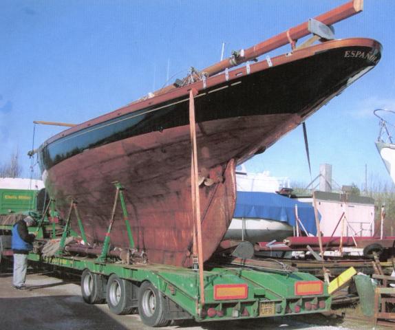 Española - Arrival at Preston Marina after restoration in 2003-4 (showing new copper sheathing)