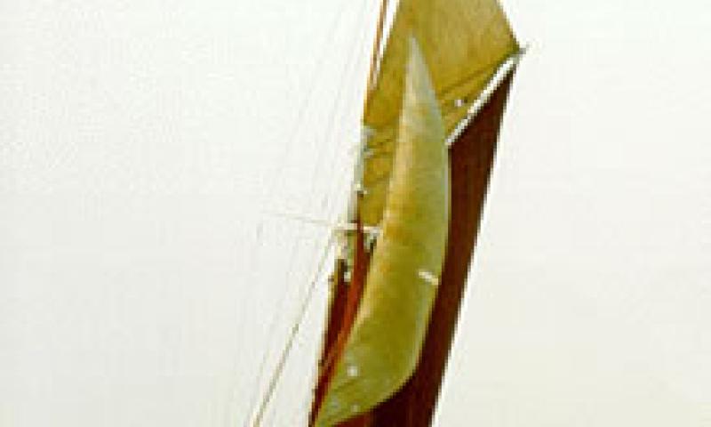 DORIS - undersail in whiite livery. Bow looking aft.
