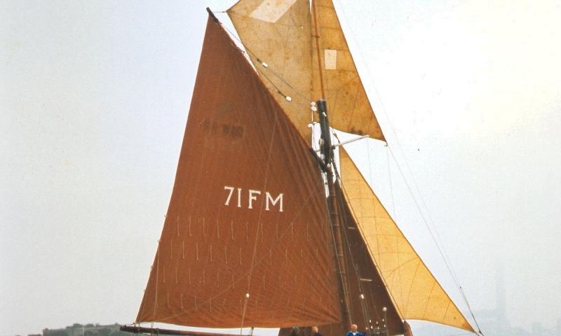 STORMY PETREL - under sail in 1997 during smack race in August 1997. Stern from starboard quarter looking forward.