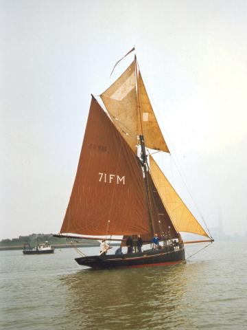 STORMY PETREL - under sail in 1997 during smack race in August 1997. Stern from starboard quarter looking forward.