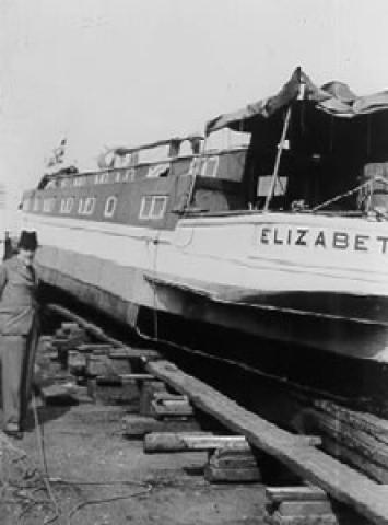 ELIZABTH - on the slip at Lincoln in 1938. Port side from stern quarter looking forward.